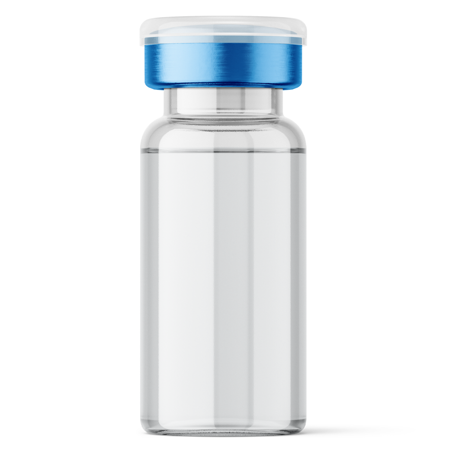Unlabelled 10 ml glass vial of mixing water with a clear flip-off cap on a blue crimp seal