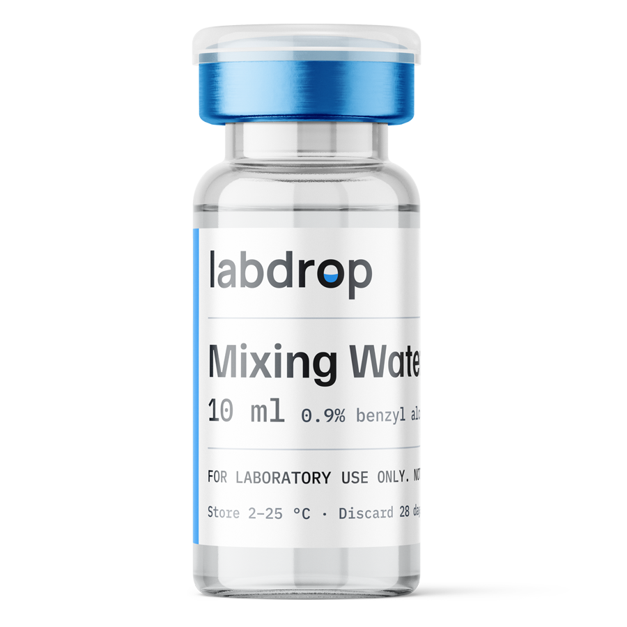 Labdrop bac water 10 ml vial (bacteriostatic mixing water, 0.9% benzyl alcohol) with a clear flip-off cap on a blue crimp