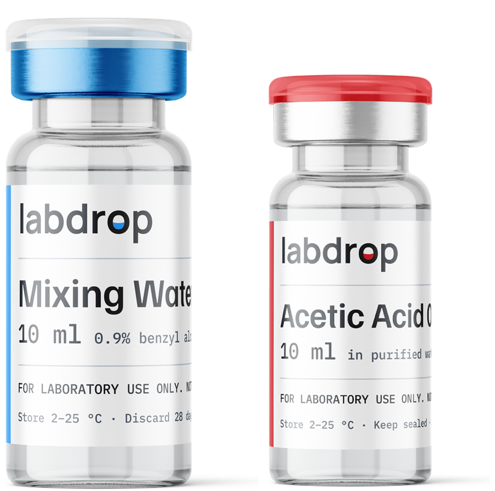 Labdrop bac water (mixing water) 10 ml vial with blue cap beside a Labdrop acetic acid 0.6% 10 ml vial with red cap