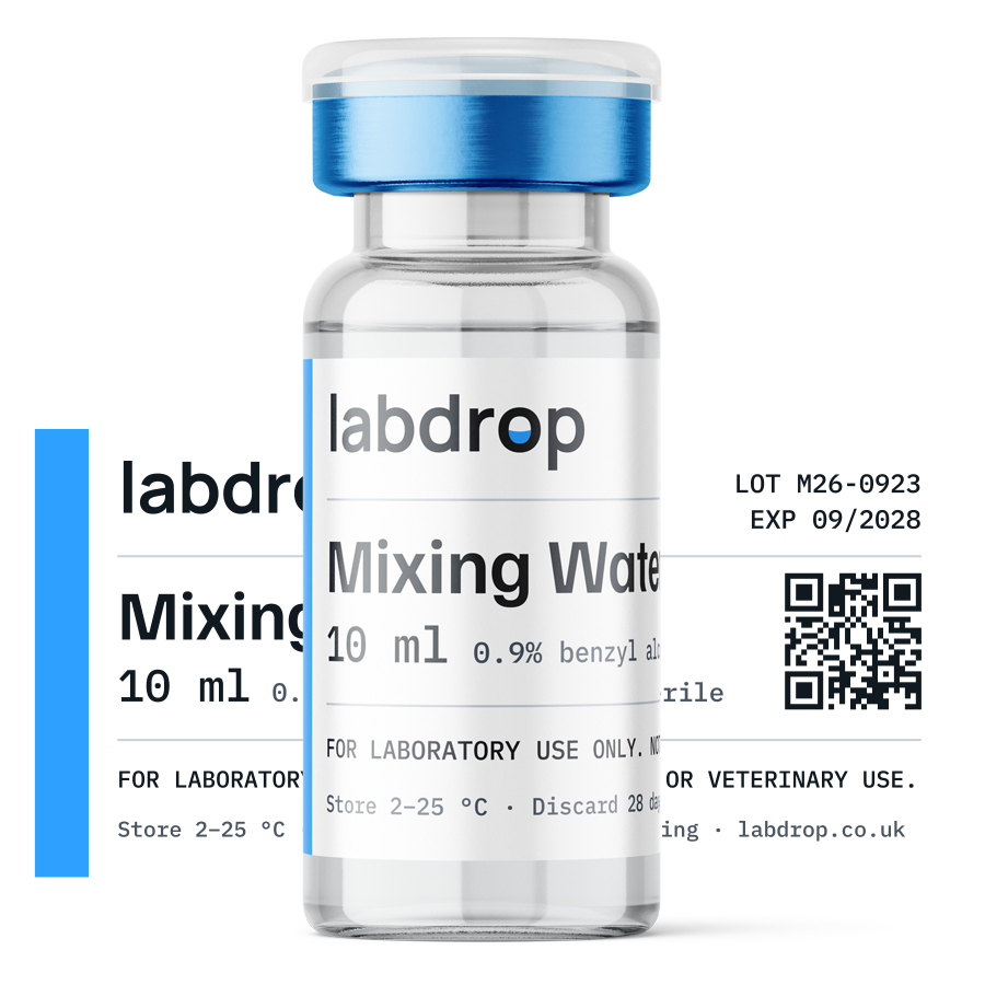 Labdrop bac water 10 ml vial shown with its 51 x 25 mm label: mixing water, 0.9% benzyl alcohol, for laboratory use only