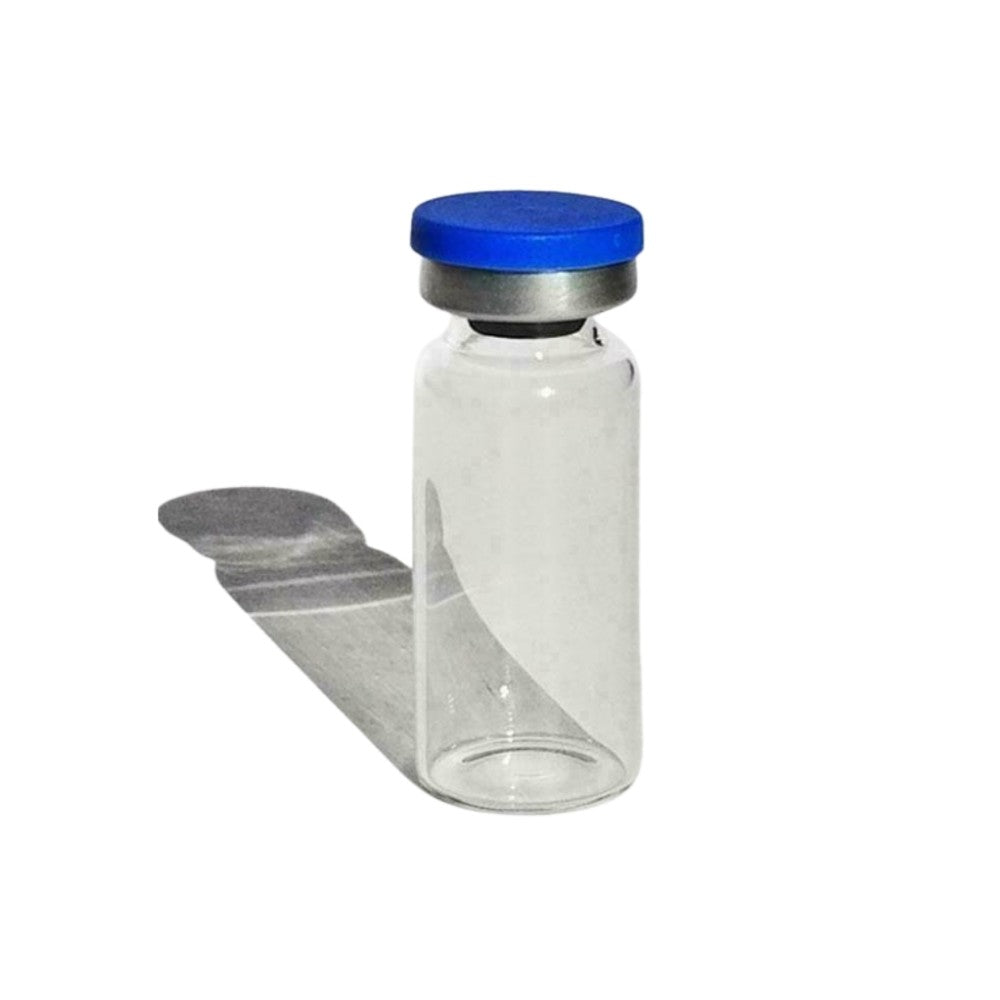 Empty clear glass vial with a crimped aluminium seal and a blue flip-off cap